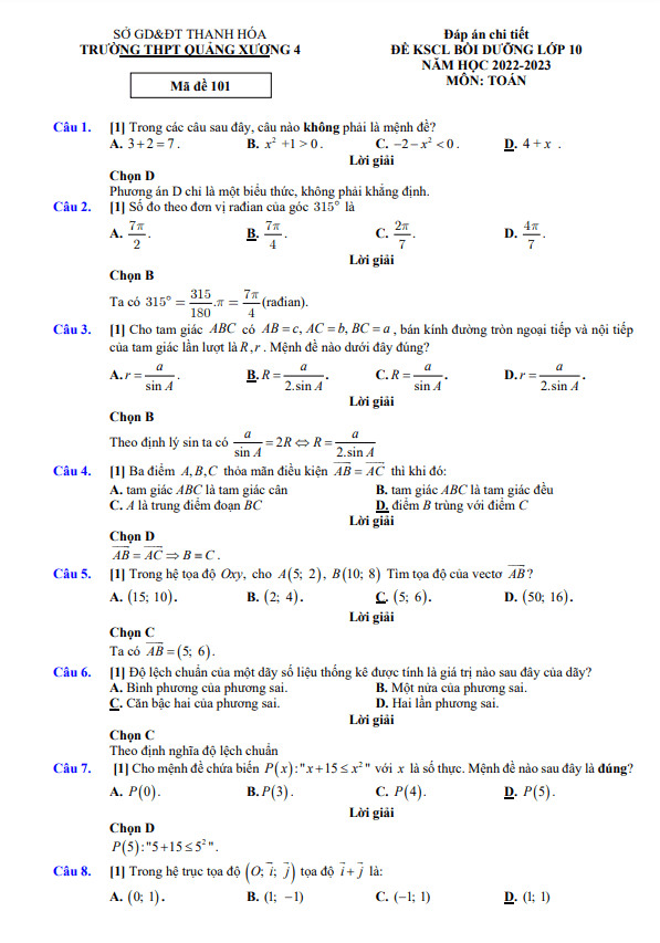 Đề KSCL bồi dưỡng Toán 10 năm 2022 2023 trường Quảng Xương 4 Thanh Hóa
