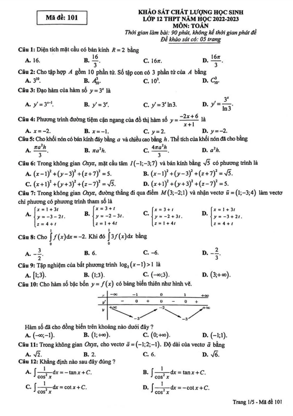Đề KSCL học sinh Toán 12 lần 2 năm 2022 2023 sở GD&ĐT Phú Thọ