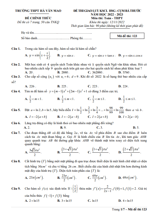 Đề KSCL HSG Toán THPT năm 2022 2023 trường THPT Hà Văn Mao Thanh Hóa