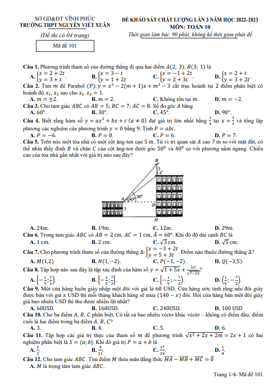 Đề KSCL lần 3 Toán 10 năm 2022 2023 trường THPT Nguyễn Viết Xuân Vĩnh Phúc
