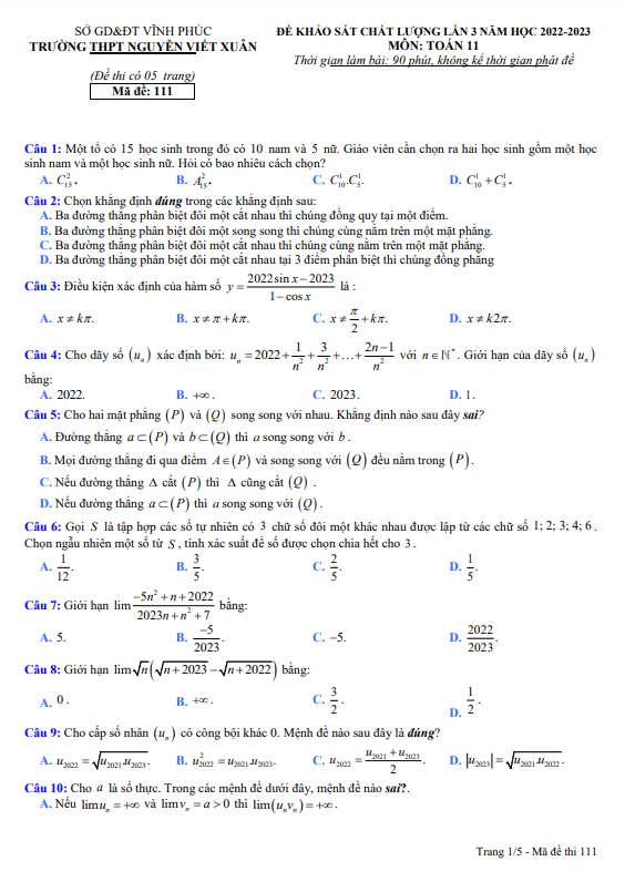 Đề KSCL lần 3 Toán 11 năm 2022 2023 trường THPT Nguyễn Viết Xuân Vĩnh Phúc