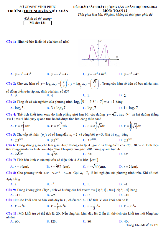 Đề KSCL lần 3 Toán 12 năm 2022 2023 trường THPT Nguyễn Viết Xuân Vĩnh Phúc
