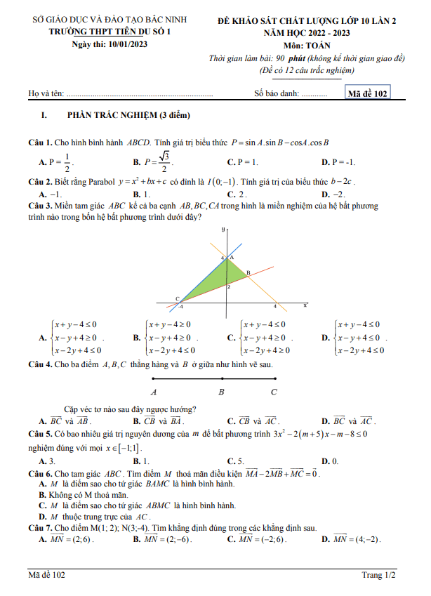 Đề KSCL Toán 10 lần 2 năm 2022 2023 trường THPT Tiên Du 1 Bắc Ninh