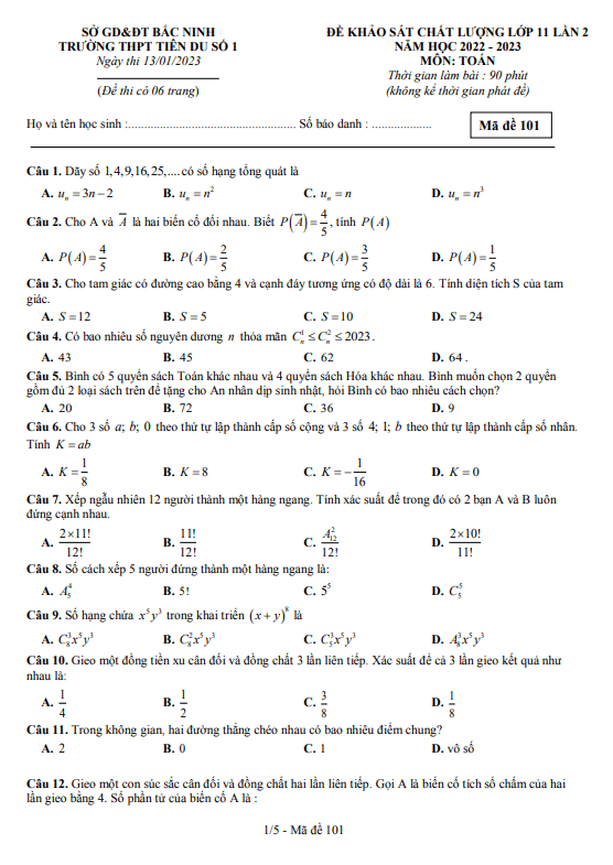 Đề KSCL Toán 11 lần 2 năm 2022 2023 trường THPT Tiên Du 1 Bắc Ninh