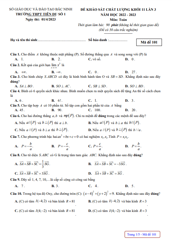 Đề KSCL Toán 11 lần 3 năm 2022 2023 trường THPT Tiên Du 1 Bắc Ninh