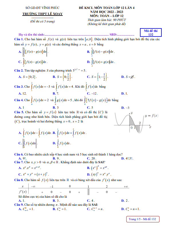 Đề KSCL Toán 12 lần 4 năm 2022 2023 trường THPT Lê Xoay Vĩnh Phúc