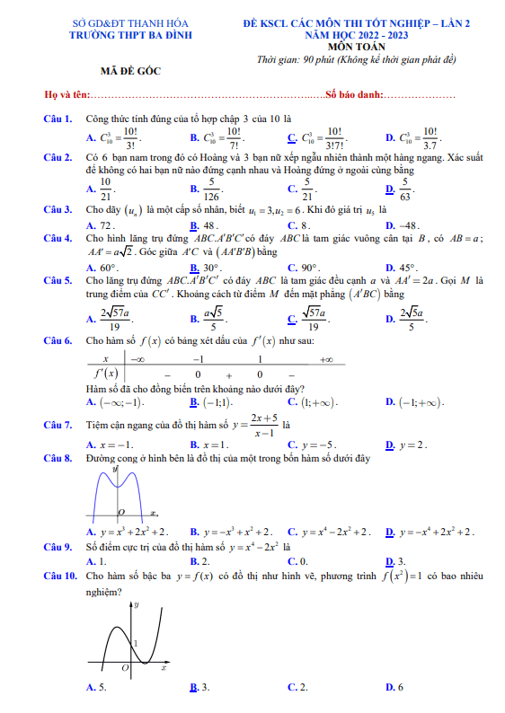 Đề KSCL Toán thi tốt nghiệp THPT 2023 lần 2 trường THPT Ba Đình Thanh Hóa