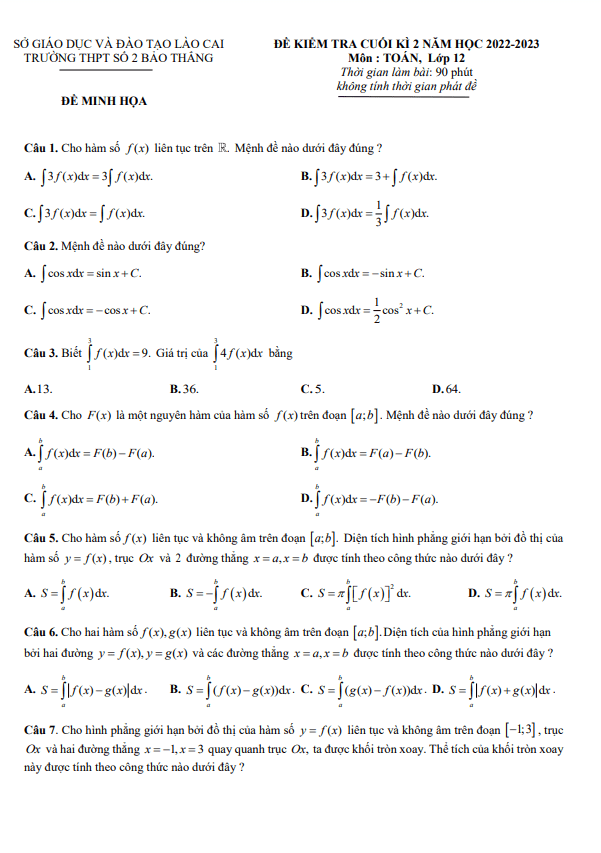 Đề minh họa cuối kì 2 Toán 12 năm 2022 2023 trường THPT Bảo Thắng 2 Lào Cai