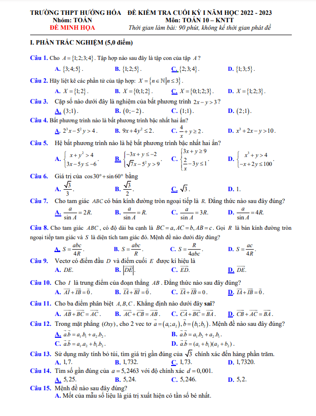 Đề minh họa cuối kỳ 1 Toán 10 (KNTTVCS) năm 2022 2023 THPT Hướng Hóa Quảng Trị
