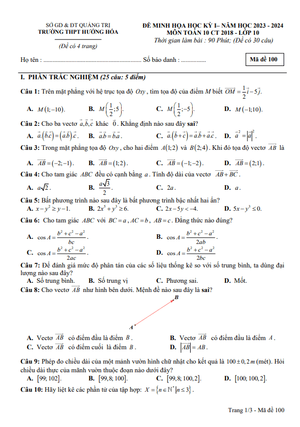 Đề minh họa cuối kỳ 1 Toán 10 năm 2023 2024 trường THPT Hướng Hóa Quảng Trị