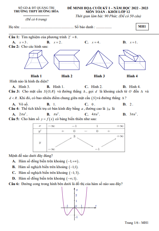 Đề minh họa cuối kỳ 1 Toán 12 năm 2022 2023 trường THPT Hướng Hóa Quảng Trị
