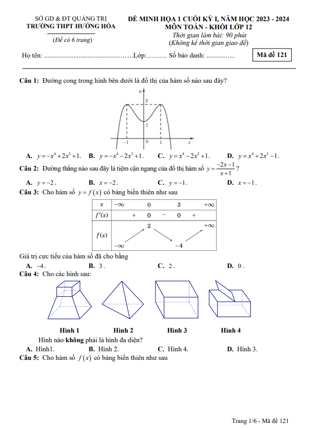 Đề minh họa cuối kỳ 1 Toán 12 năm 2023 2024 trường THPT Hướng Hóa Quảng Trị