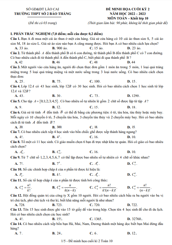 Đề minh họa cuối kỳ 2 Toán 10 năm 2022 2023 trường THPT Bảo Thắng 2 Lào Cai