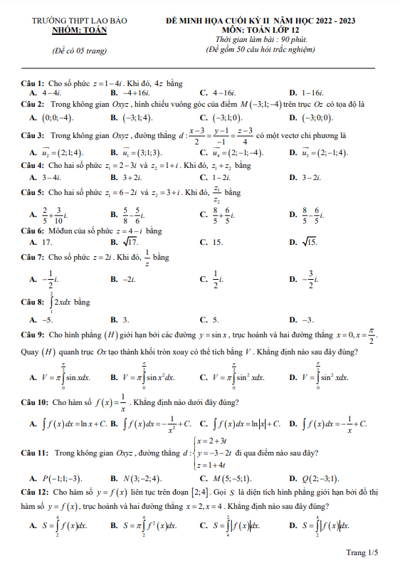 Đề minh họa cuối kỳ 2 Toán 12 năm 2022 2023 trường THPT Lao Bảo Quảng Trị