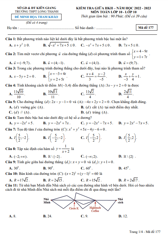 Đề minh họa giữa HK2 Toán 10 năm 2022 2023 trường THPT Long Thạnh Kiên Giang