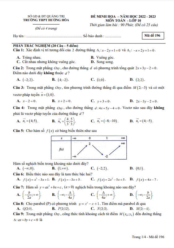Đề minh họa giữa kì 2 Toán 10 năm 2022 2023 trường THPT Hướng Hóa Quảng Trị