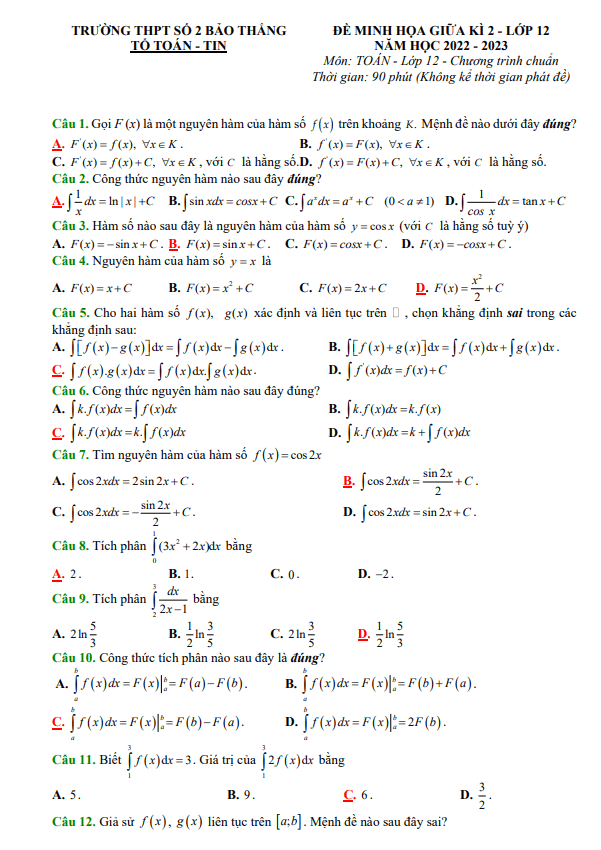 Đề minh họa giữa kì 2 Toán 12 năm 2022 2023 trường THPT Bảo Thắng 2 Lào Cai