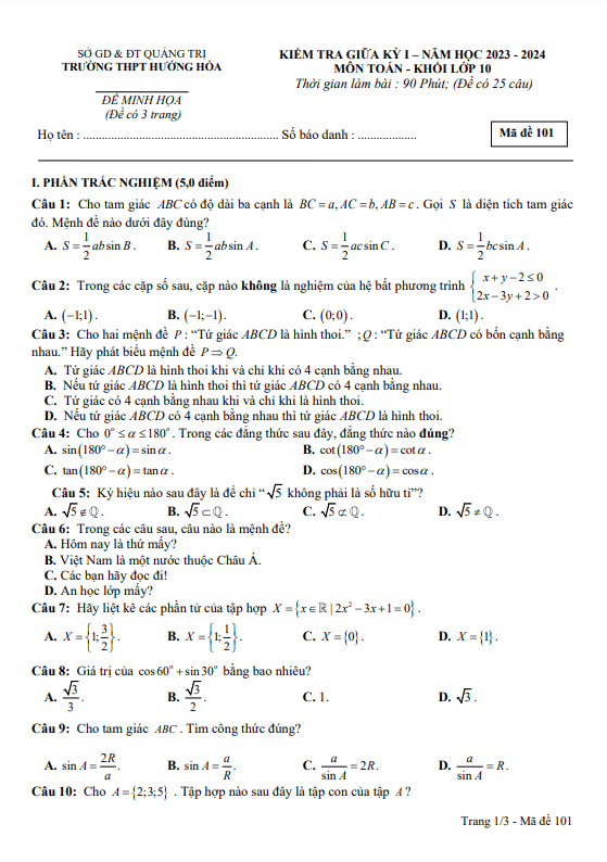 Đề minh họa giữa kỳ 1 Toán 10 năm 2023 2024 trường THPT Hướng Hóa Quảng Trị