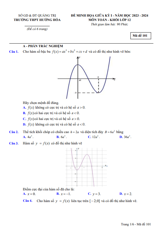 Đề minh họa giữa kỳ 1 Toán 12 năm 2023 2024 trường THPT Hướng Hóa Quảng Trị