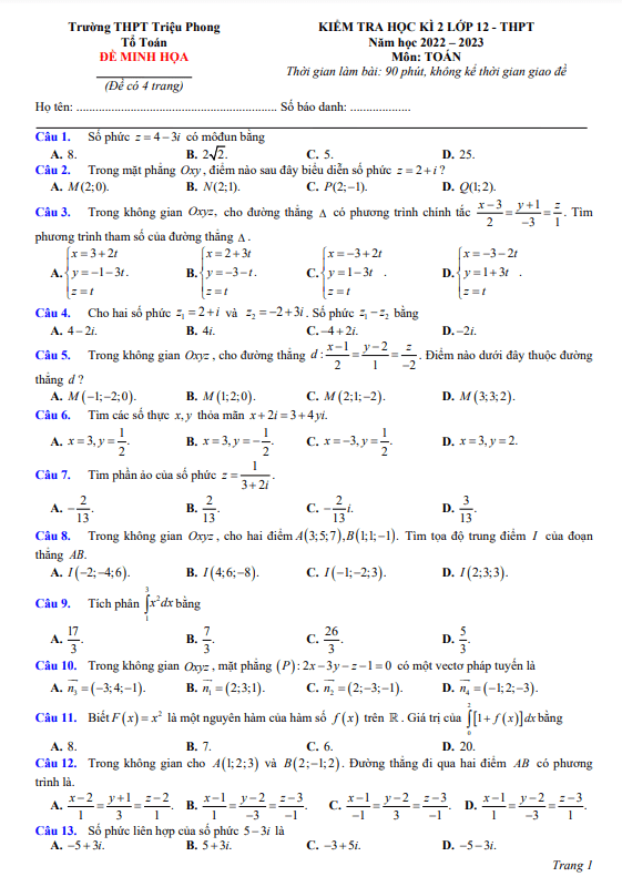 Đề minh họa học kì 2 Toán 12 năm 2022 2023 trường THPT Triệu Phong Quảng Trị