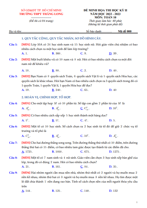 Đề minh họa học kỳ 2 Toán 10 năm 2022 2023 trường THPT Thăng Long TP HCM