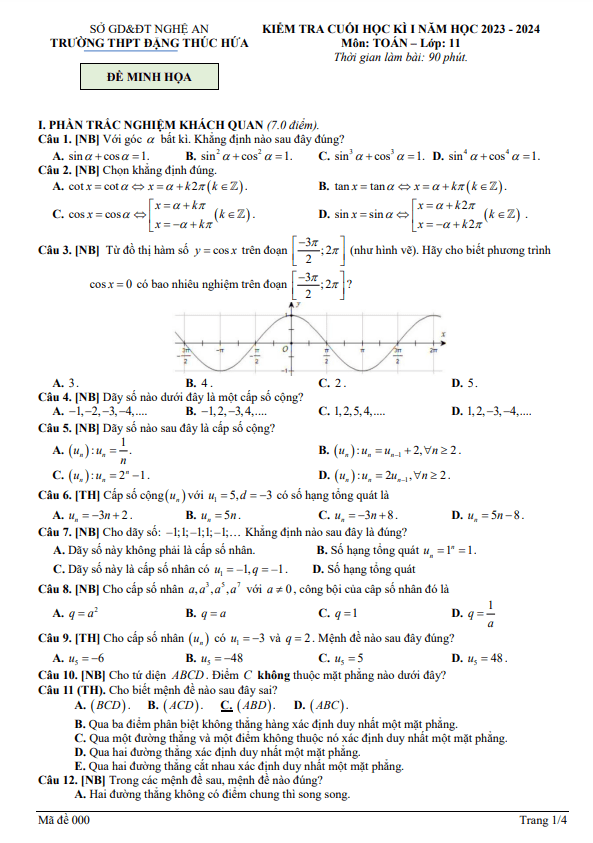 Đề minh họa kì 1 Toán 11 năm 2023 2024 trường THPT Đặng Thúc Hứa Nghệ An