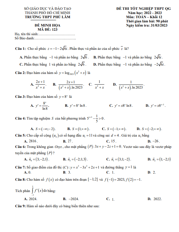 Đề minh họa thi TN THPT 2023 môn Toán trường THPT Phú Lâm TP HCM