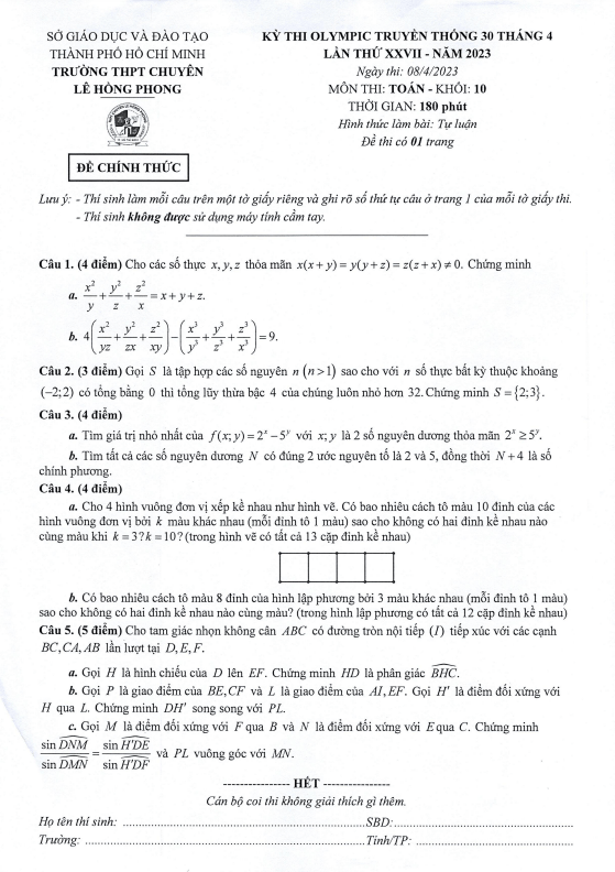 Đề Olympic 30 tháng 4 Toán 10 năm 2023 trường chuyên Lê Hồng Phong TP HCM