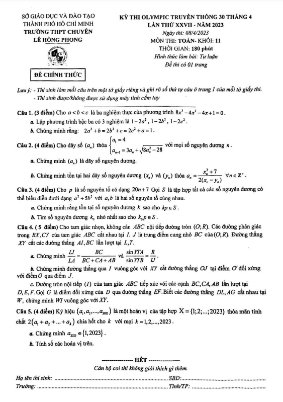 Đề Olympic 30 tháng 4 Toán 11 năm 2023 trường chuyên Lê Hồng Phong TP HCM