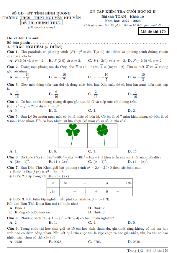 Đề ôn tập cuối kì 2 Toán 10 năm 2022 2023 trường Nguyễn Khuyến Bình Dương