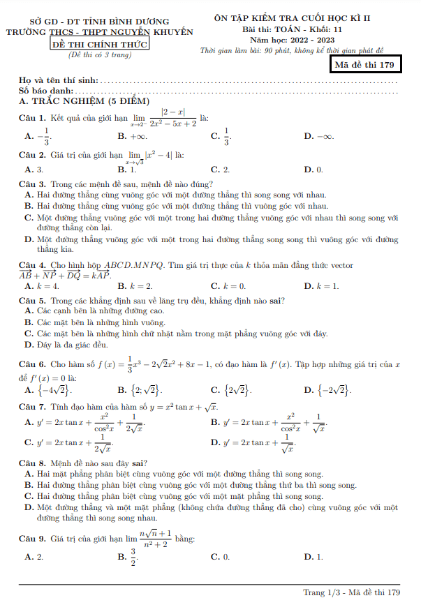 Đề ôn tập cuối kì 2 Toán 11 năm 2022 2023 trường Nguyễn Khuyến Bình Dương