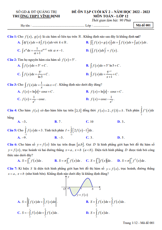 Đề ôn tập cuối kỳ 2 Toán 12 năm 2022 2023 trường THPT Vĩnh Định Quảng Trị