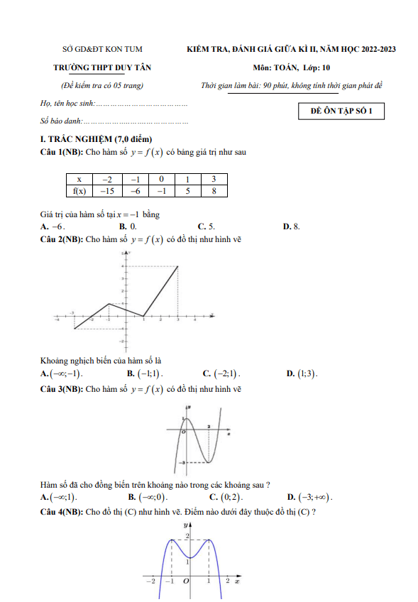 Đề ôn tập giữa kì 2 Toán 10 năm 2022 2023 trường THPT Duy Tân Kon Tum