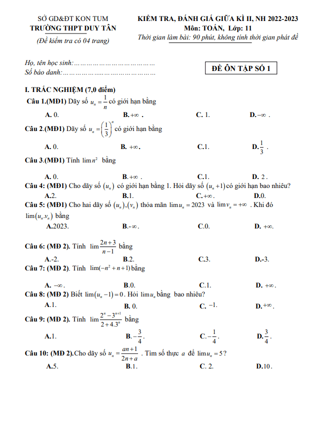Đề ôn tập giữa kì 2 Toán 11 năm 2022 2023 trường THPT Duy Tân Kon Tum