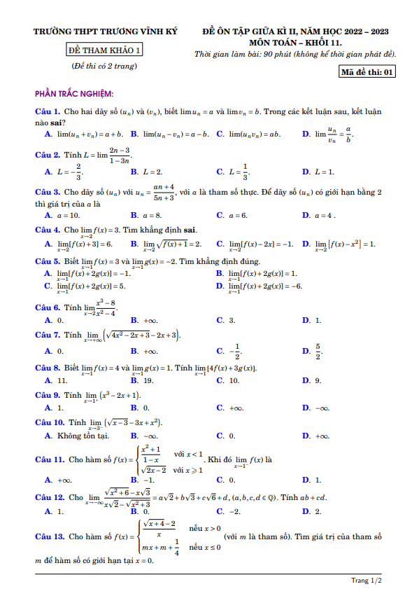 Đề ôn tập giữa kì 2 Toán 11 năm 2022 2023 trường THPT Trương Vĩnh Ký Bến Tre
