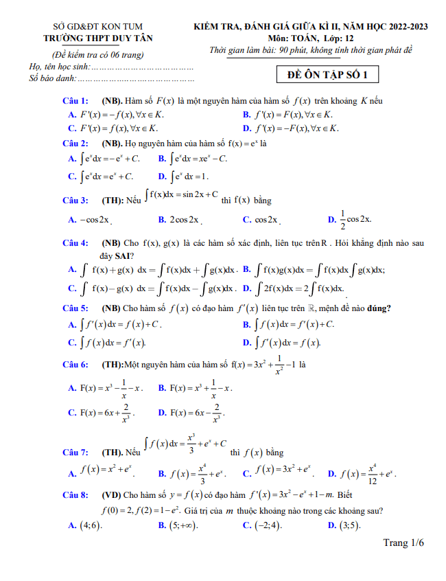 Đề ôn tập giữa kì 2 Toán 12 năm 2022 2023 trường THPT Duy Tân Kon Tum