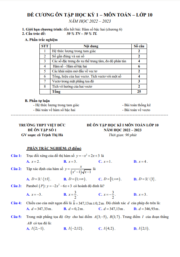 Đề ôn tập học kì 1 Toán 10 năm 2022 2023 trường THPT Việt Đức Hà Nội