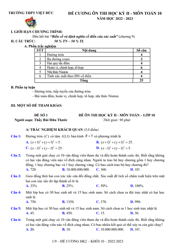 Đề ôn tập học kì 2 Toán 10 năm 2022 2023 trường THPT Việt Đức Hà Nội