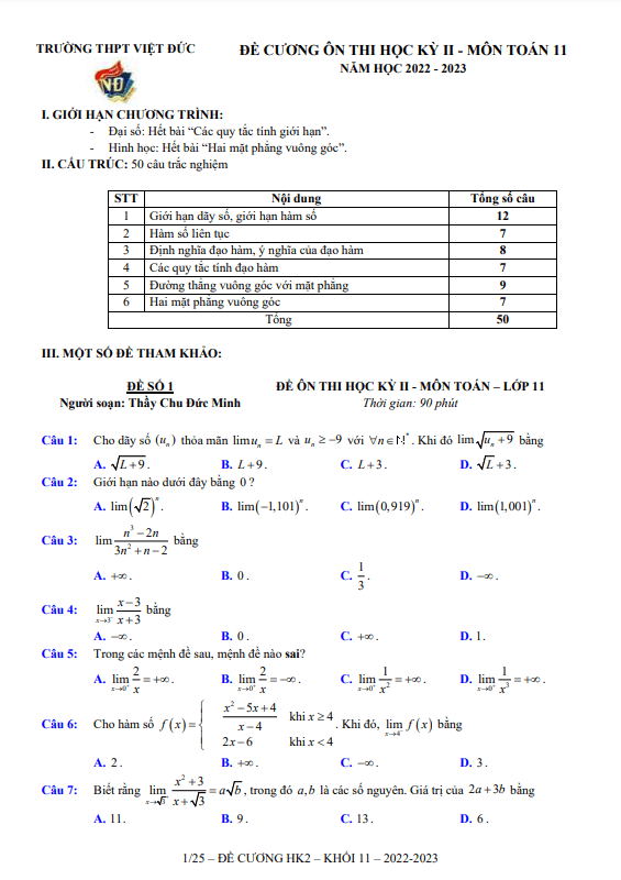 Đề ôn tập học kì 2 Toán 11 năm 2022 2023 trường THPT Việt Đức Hà Nội