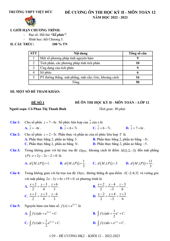 Đề ôn tập học kì 2 Toán 12 năm 2022 2023 trường THPT Việt Đức Hà Nội