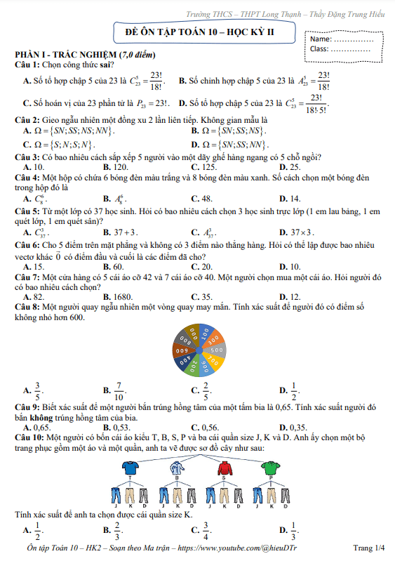 Đề ôn tập học kỳ 2 Toán 10 năm 2022 2023 trường Long Thạnh Kiên Giang