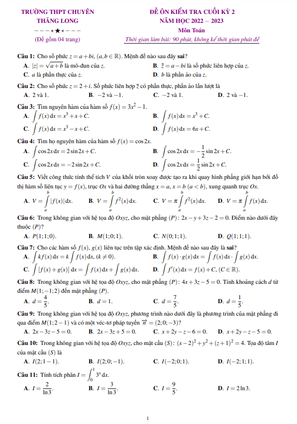Đề ôn thi cuối kỳ 2 Toán 12 năm 2022 2023 trường chuyên Thăng Long Lâm Đồng