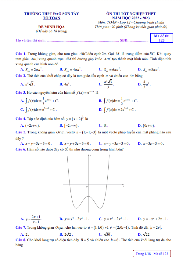 Đề ôn thi TN THPT 2023 môn Toán trường THPT Đào Sơn Tây TP HCM