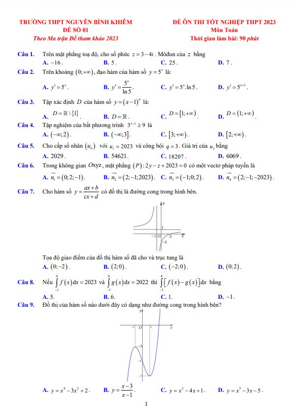 Đề ôn thi TN THPT 2023 môn Toán trường THPT Nguyễn Bỉnh Khiêm Gia Lai