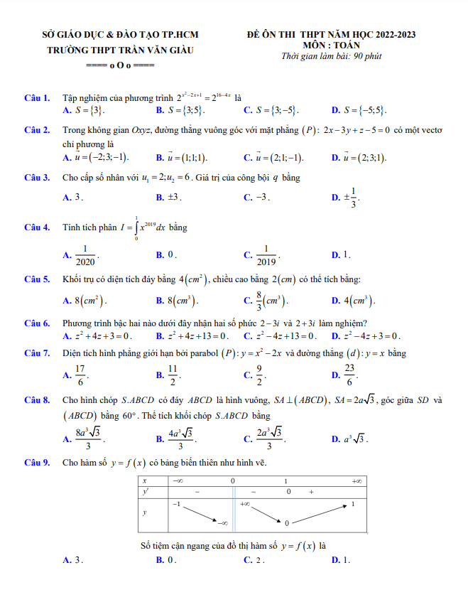 Đề ôn thi TN THPT 2023 môn Toán trường THPT Trần Văn Giàu TP HCM