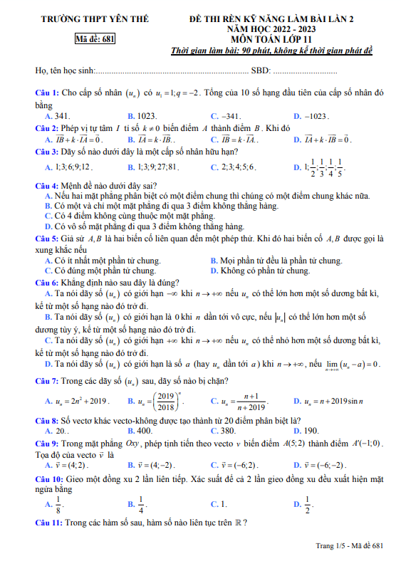 Đề rèn kỹ năng làm bài Toán 11 lần 2 năm 2022 2023 THPT Yên Thế Bắc Giang