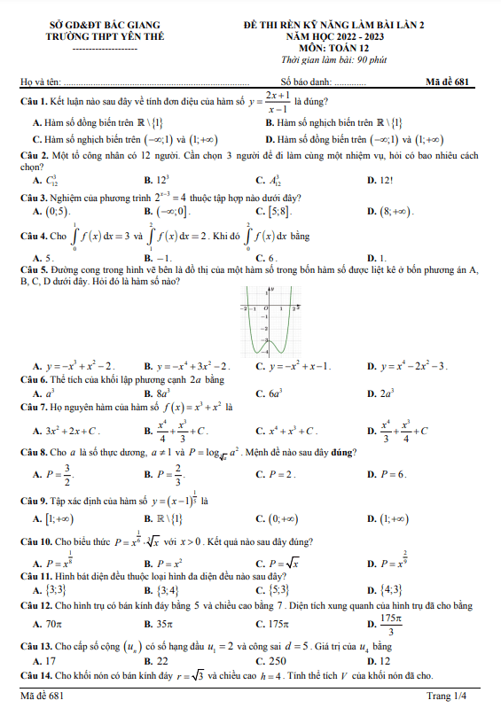 Đề rèn kỹ năng làm bài Toán 12 lần 2 năm 2022 2023 THPT Yên Thế Bắc Giang