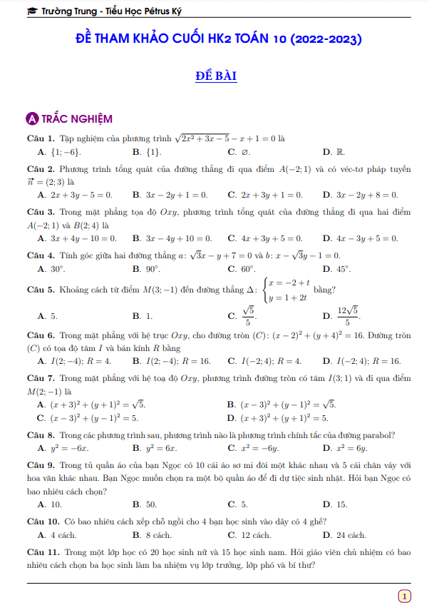 Đề tham khảo cuối HK2 Toán 10 năm 2022 2023 trường Pétrus Ký Bình Dương