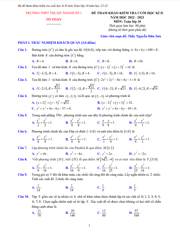 Đề tham khảo cuối kì 2 Toán 10 năm 2022 2023 THPT Thuận Thành 1 Bắc Ninh