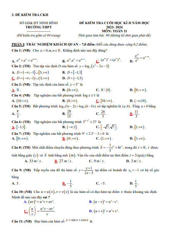 Đề tham khảo cuối kì 2 Toán 11 Cánh Diều năm 2023 2024 sở GD&ĐT Ninh Bình